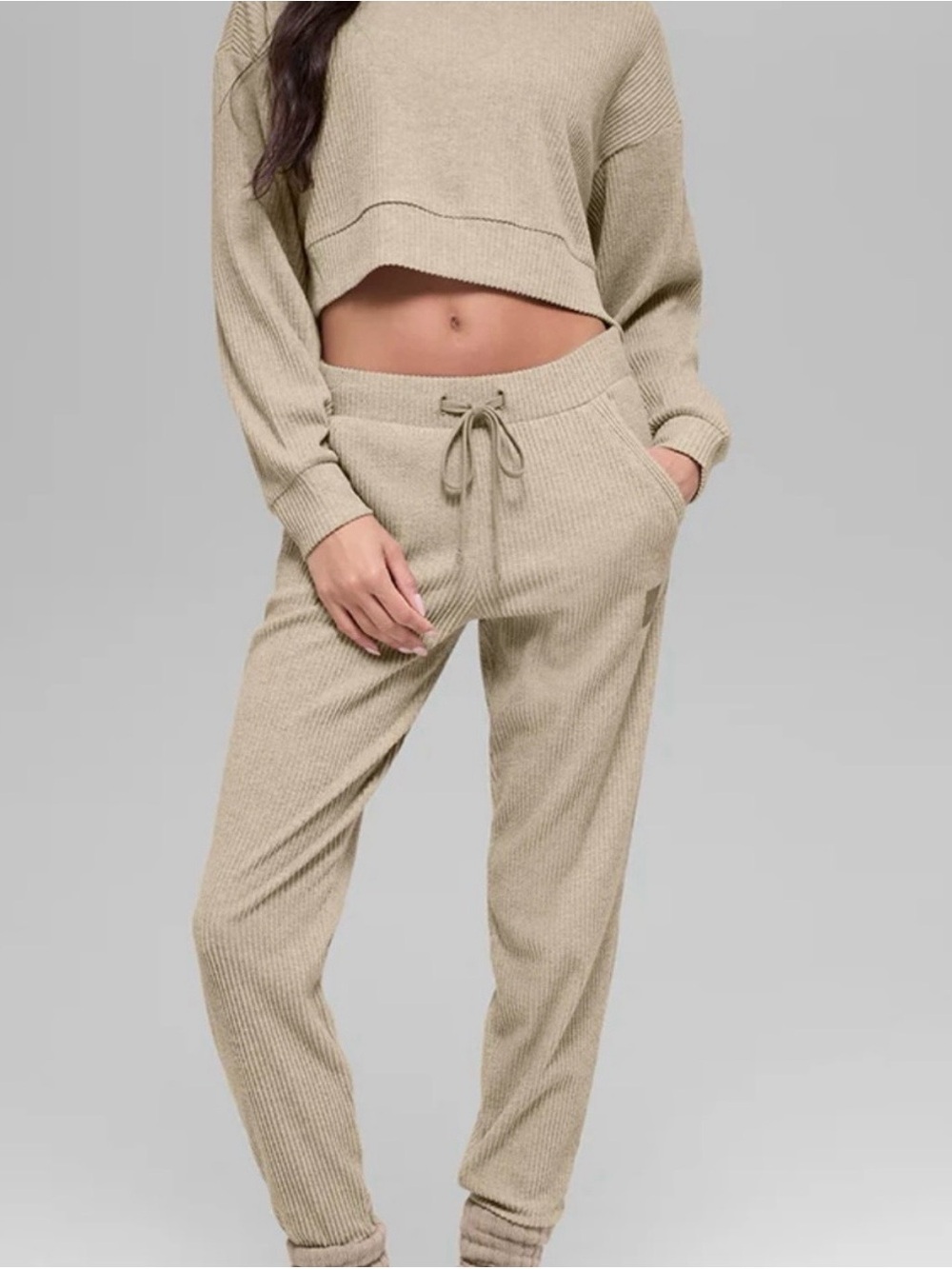 ALO Yoga Beige Ribbed Lounge Joggers